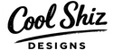 The logo for 'Cool Shiz Designs' features the words 'Cool Shiz' in a black, textured brush script font, with 'DESIGNS'. Unique, funny, quirky art creations. Pop, music, comedy lifestyle culture.