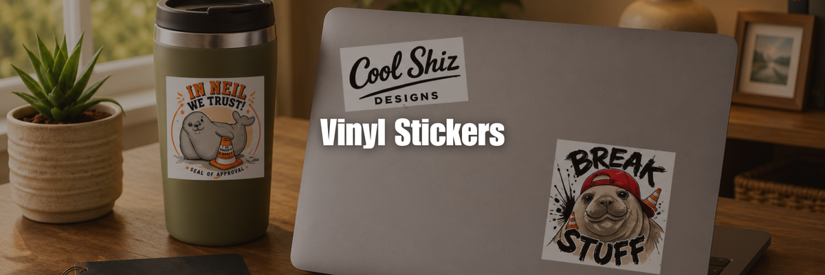 Three Cool Shiz Neil the seal waterproof, scratch resistant, vinyl stickers displayed on a laptop and a travel tumbler. The stickers feature cartoon graphics.