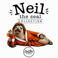 A graphic design featuring an illustrated Cool Shiz Neil the seal wearing an orange robe and holding a red cocktail glass, with the text 'Neil the seal COLLECTION' above and a 'Cool Shiz DESIGNS' logo below on a white background.