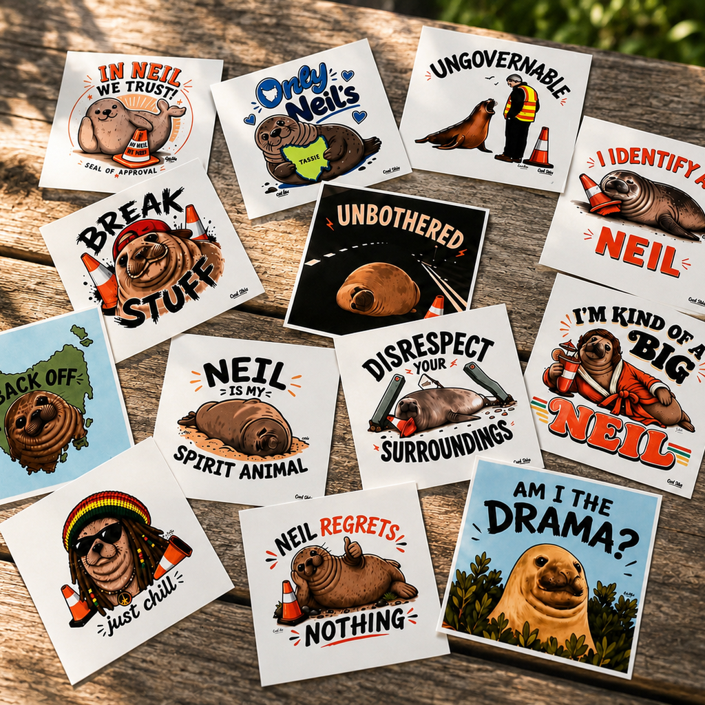 A set of 13 Cool Shiz illustrated square waterproof, scratch resistant, vinyl stickers featuring Neil the seal with humorous quotes and drawings, arranged on a rustic wooden surface outdoors.