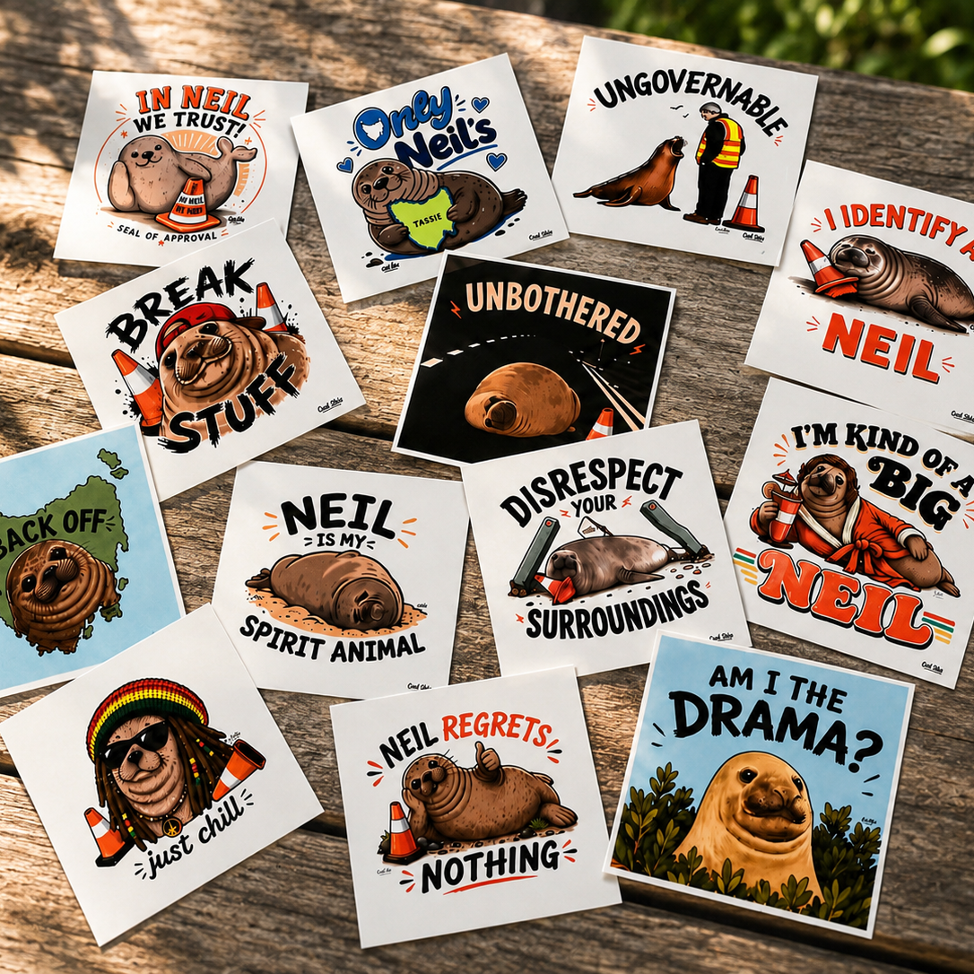 A set of 13 Cool Shiz illustrated square waterproof, scratch resistant, vinyl stickers featuring Neil the seal with humorous quotes and drawings, arranged on a rustic wooden surface outdoors.