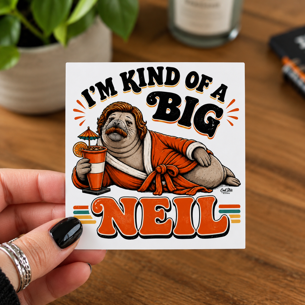 A square white sticker held by a hand, featuring a Cool Shiz Neil The Seal 'I'M KIND OF A BIG NEIL' waterproof, scratch resistant, vinyl sticker. The sticker is held over a wooden table background with a blurred plant and candle.