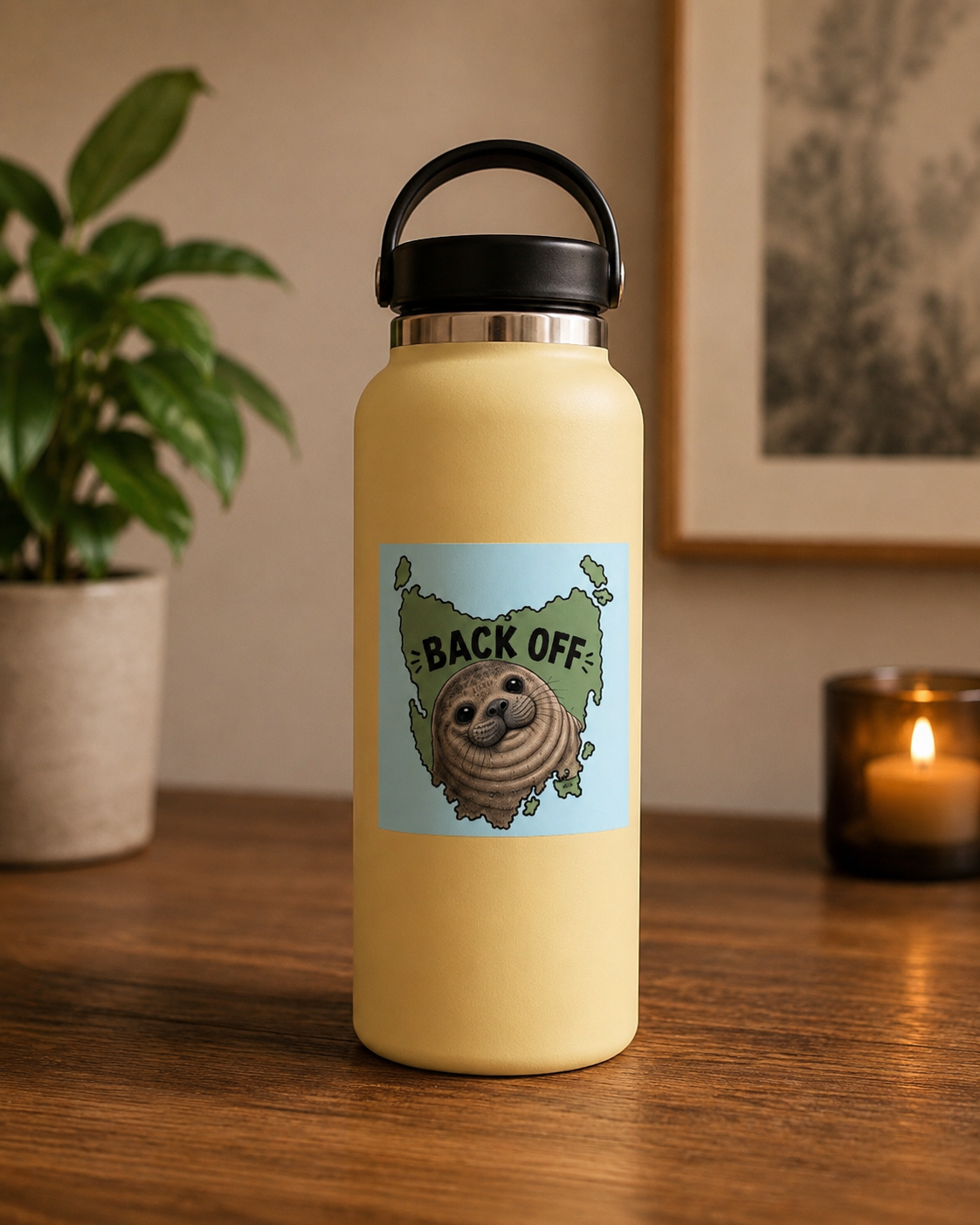 A yellow insulated water bottle with a black lid and handle, standing on a wooden table in a warmly lit room. The bottle has a Cool Shiz Neil the seal Back Off waterproof, scratch resistant, vinyl sticker on it.