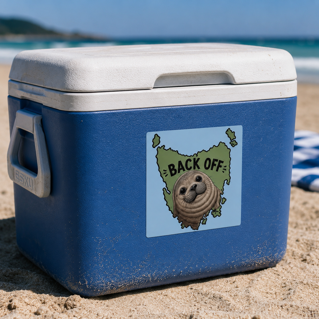 A blue and white cooler sitting on a sandy beach. The cooler has a Cool Shiz, Neil the seal, Back Off, Waterproof, Scratch Resistant, Vinyl Sticker on it.