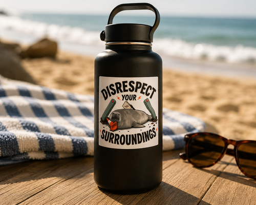 A matte black insulated water bottle with a Cool Shiz, Neil the seal Disrespect Your Surroundings, Waterproof, Scratch Resistant, Vinyl Sticker on bottle. A blue-and-white towel, sunglasses, sand, ocean, and rocks in the background.