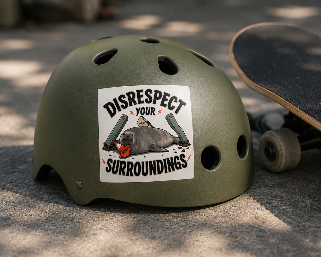 An olive green bicycle helmet with a Cool Shiz, Neil the seal Disrespect Your Surroundings, Waterproof, Scratch Resistant, Vinyl Sticker on helmet next to a skateboard.