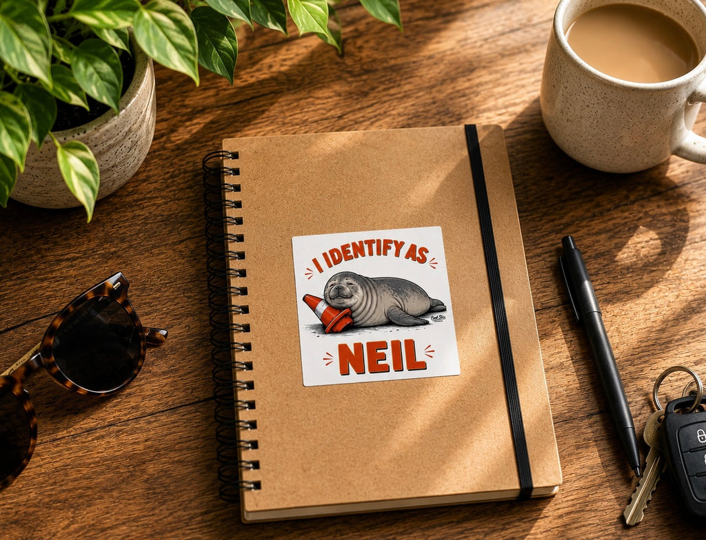 A notebook with a black elastic band closure, featuring a Cool Shiz, Neil the seal, I Identify As Neil waterproof, scratch resistant, vinyl sticker on book. Styled on a wooden desk alongside a mug of coffee, sunglasses, a pen, keys, and a potted plant.