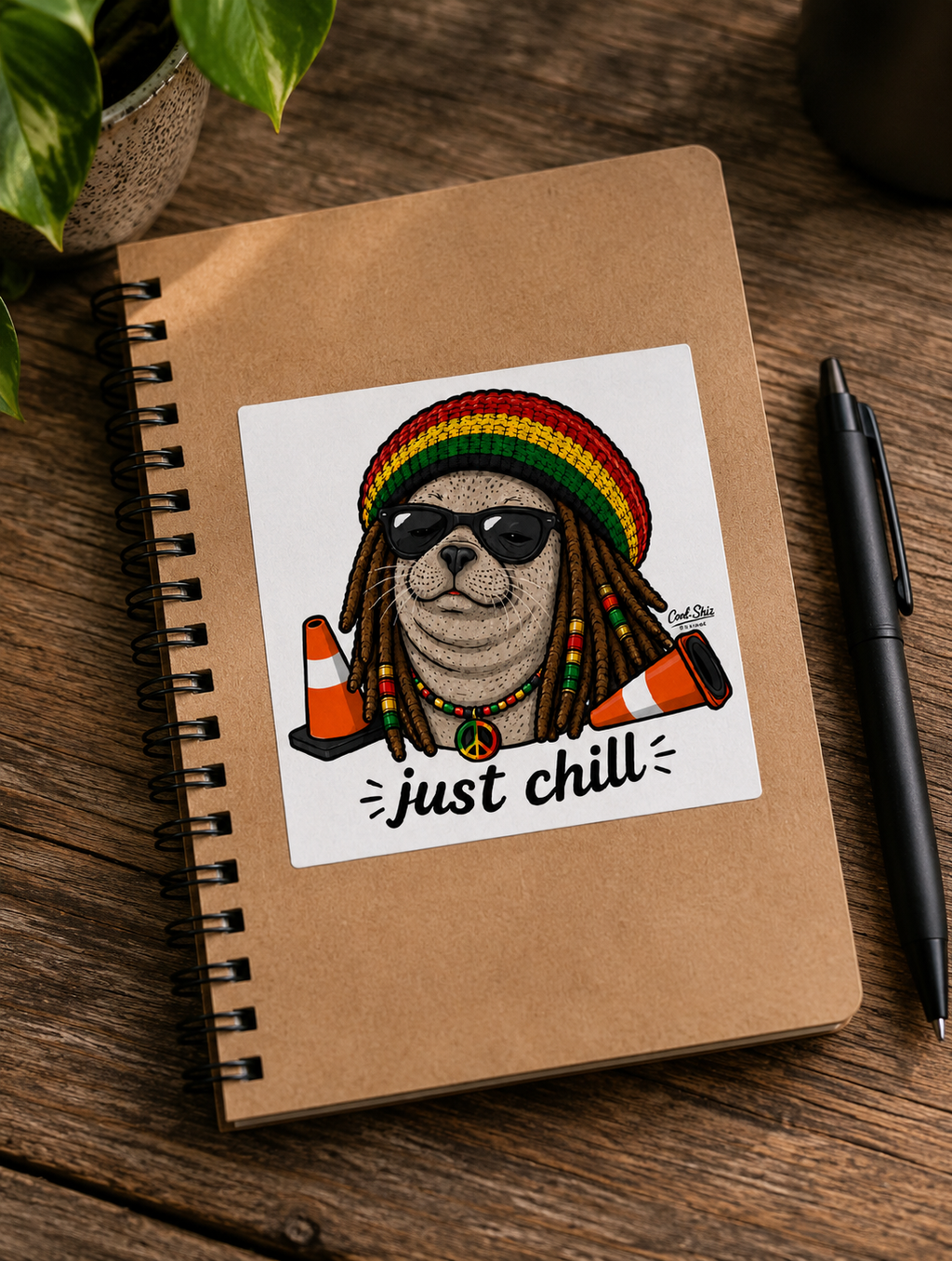 A brown spiral notebook lying on a wooden table, featuring a Cool Shiz Neil the seal Just Chill, Waterproof, Scratch Resistant, Vinyl Sticker.