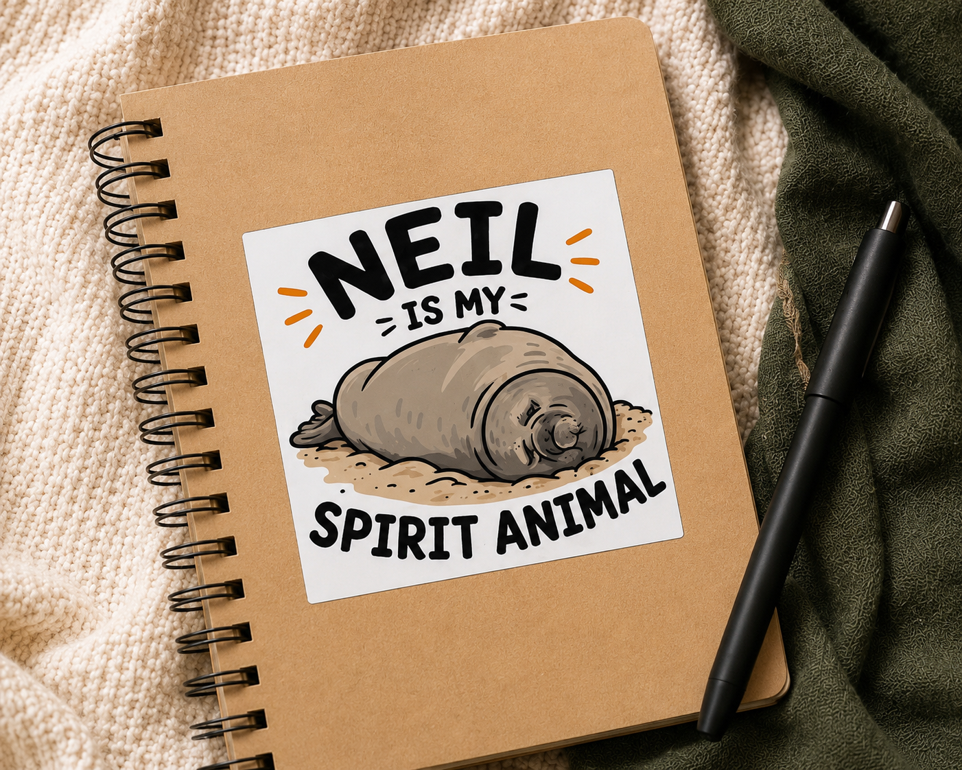 A spiral-bound kraft paper notebook lies on a blanket with a black pen. The notebook cover features a Cool Shiz, Neil the seal, Neil Is My Spirit Animal, Waterproof, Scratch Resistant, Vinyl Sticker on book.