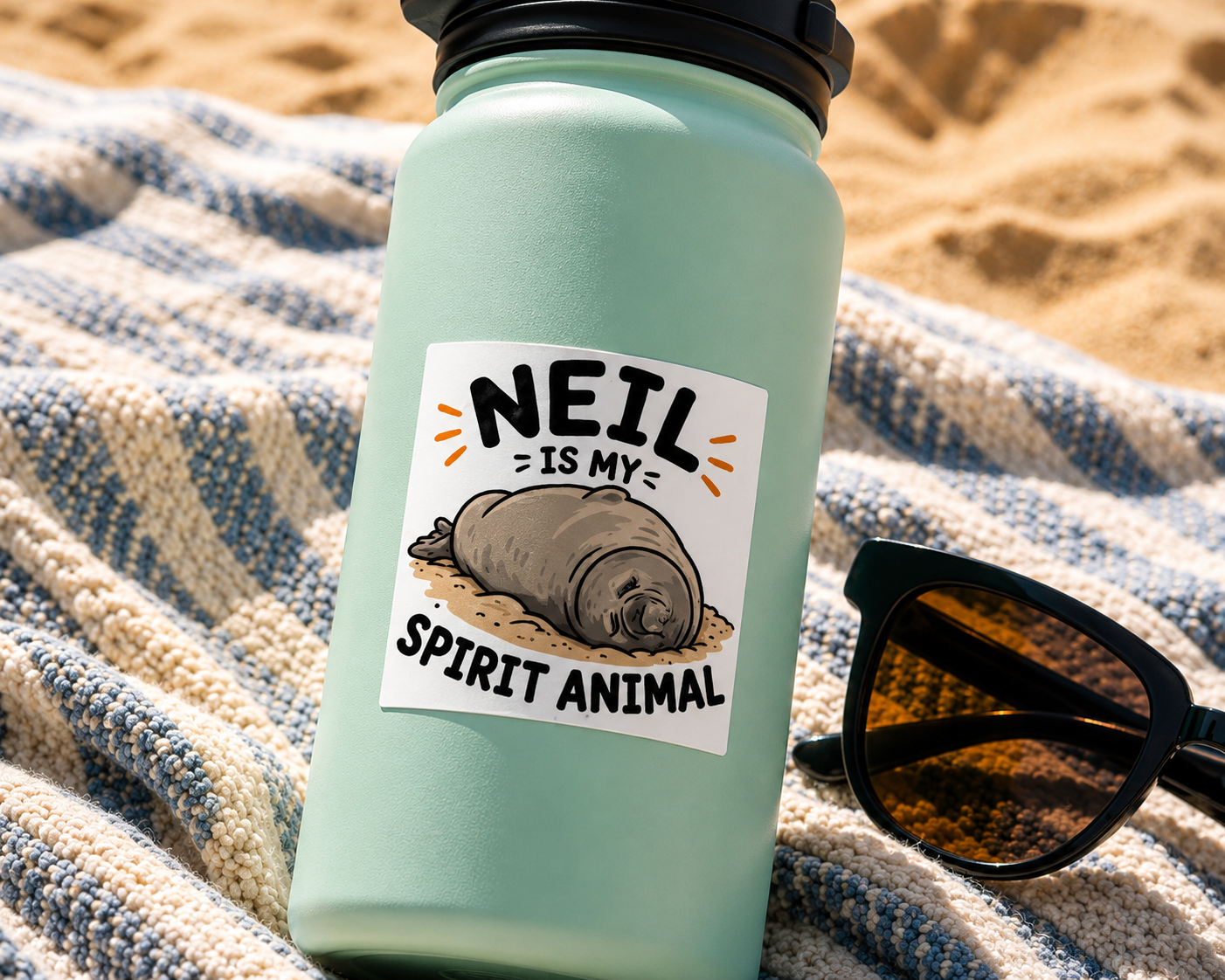 An insulated water bottle sits on a beach towel next to sunglasses and sand. The bottle has a Cool Shiz, Neil the seal, Neil Is My Spirit Animal, Waterproof, Scratch Resistant, Vinyl Sticker on bottle.