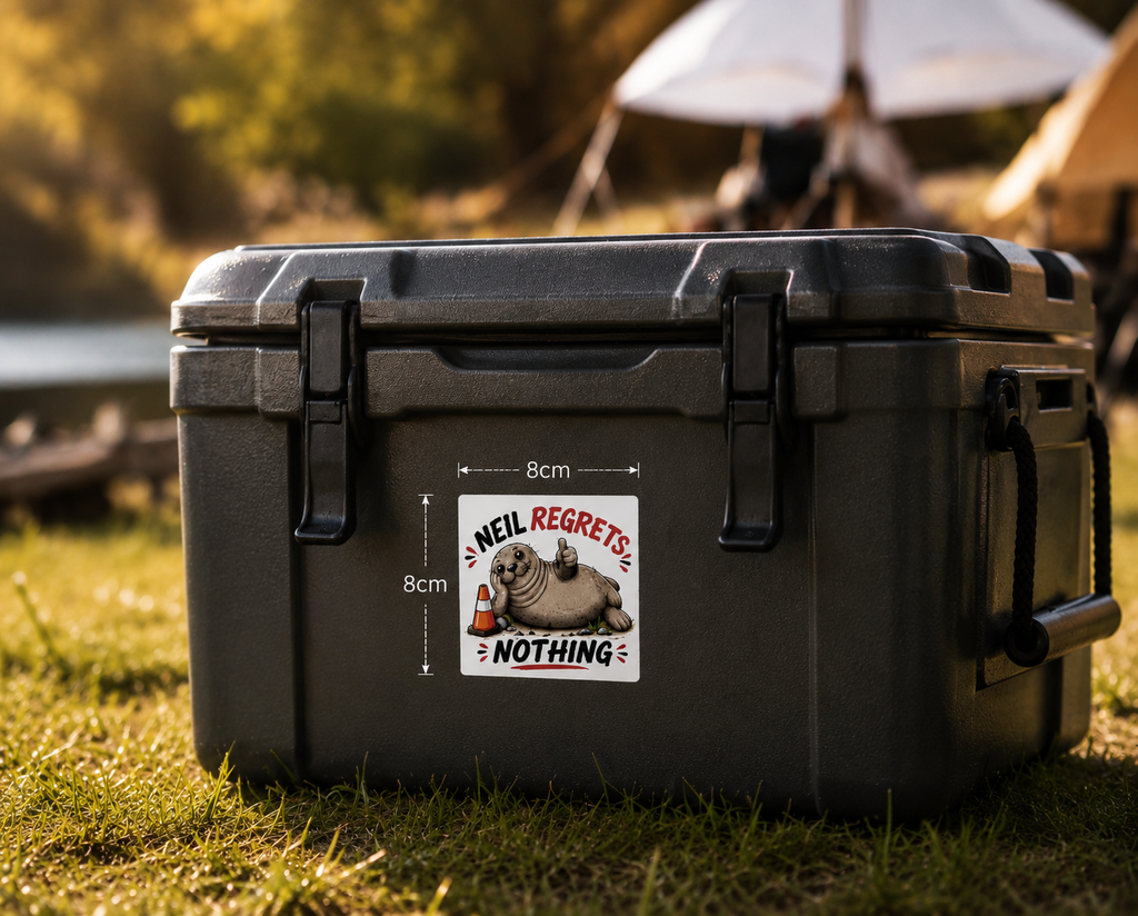 A black hard-sided cooler sitting on grass outdoors, with a Cool Shiz, Neil the seal, Neil Regrets Nothing, Waterproof, Scratch Resistant, Vinyl Sticker on box with dimensions marked 8cm by 8cm. A blurred campsite scene with tents.