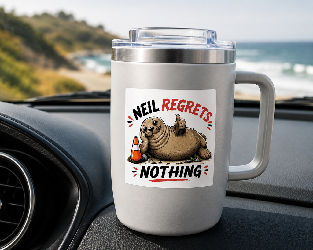 A white insulated travel tumbler with a clear lid sits on a car dashboard, featuring a Cool Shiz, Neil the sea,l Neil Regrets Nothing, Waterproof, Scratch Resistan, Vinyl Sticker on mug.