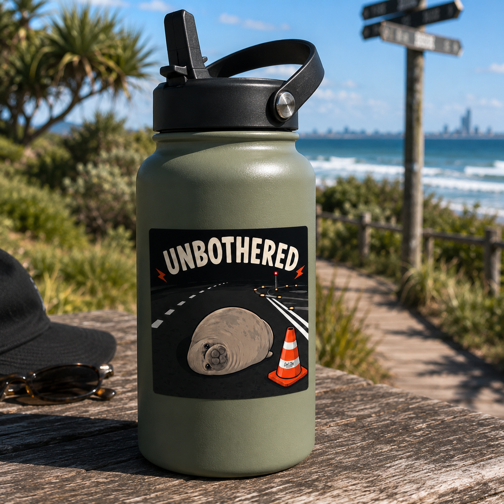 A green insulated water bottle, featuring a Cool Shiz, Neil the seal, Unbothered, Waterproof, Scratch Resistant, Vinyl Sticker on bottle. The bottle is photographed outdoors on a wooden table with a beach, ocean, and signpost in the background.