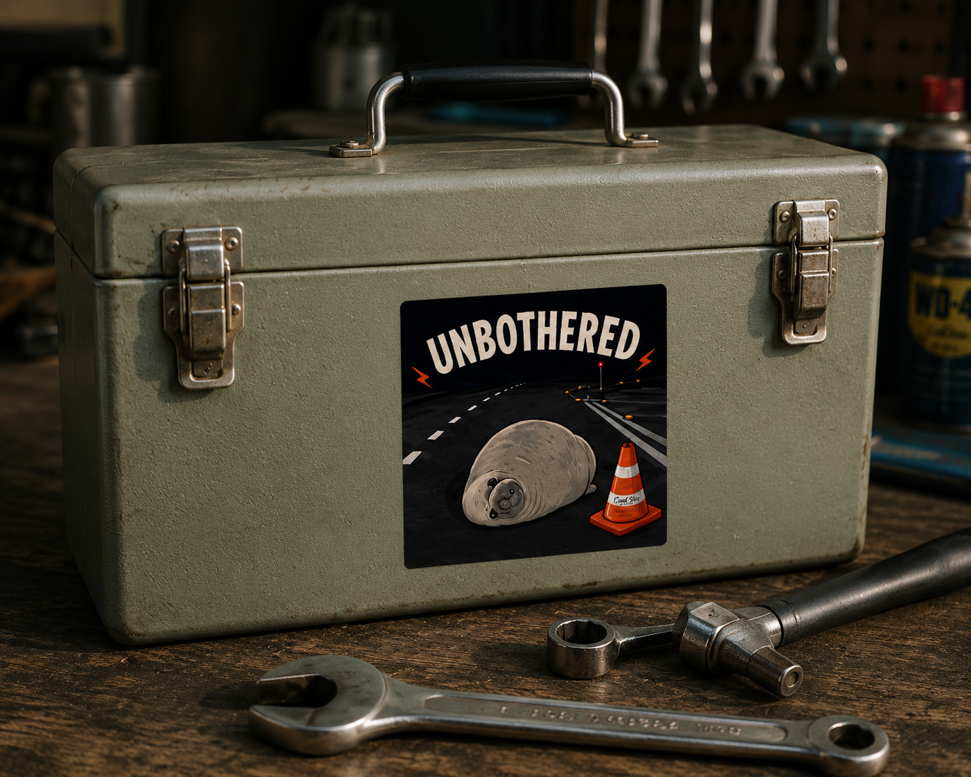 A vintage-style metal toolbox with a black handle and latches sits on a wooden workbench. A square Cool Shiz Neil the seal Unbothered Waterproof Scratch Resistant Vinyl Sticker is on the box.