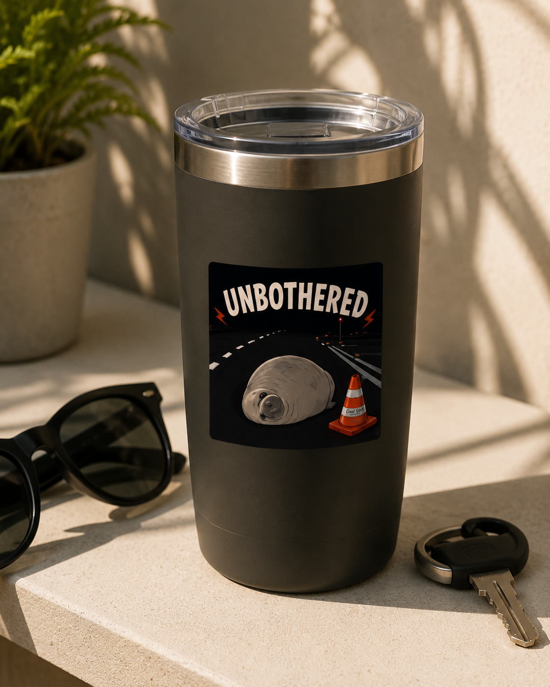 A matte black insulated tumbler with a clear lid sits on a light stone surface outdoors. The tumbler has a Cool Shiz Neil the seal Unbothered Waterproof Scratch Resistant Vinyl Sticker on it.